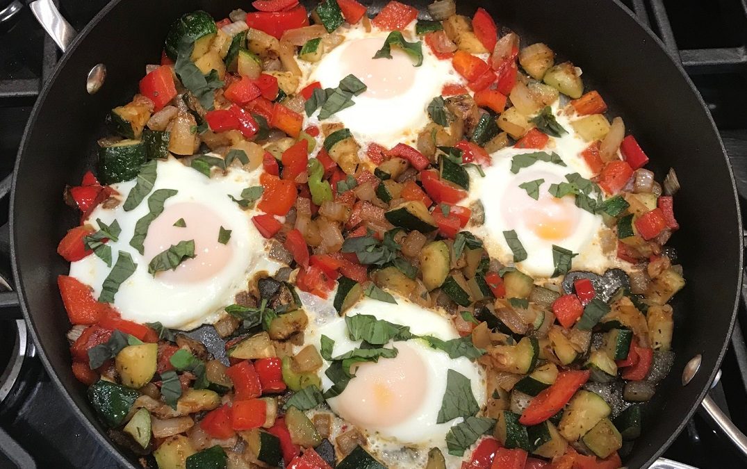 Zucchini and Red Bell Pepper with Eggs Sunny Side Up